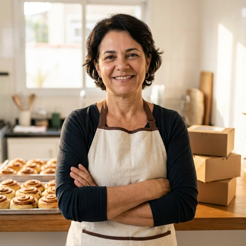 Lurdes Almeida, autora dos Rolinhos Gourmet Lucrativos, de avental na cozinha