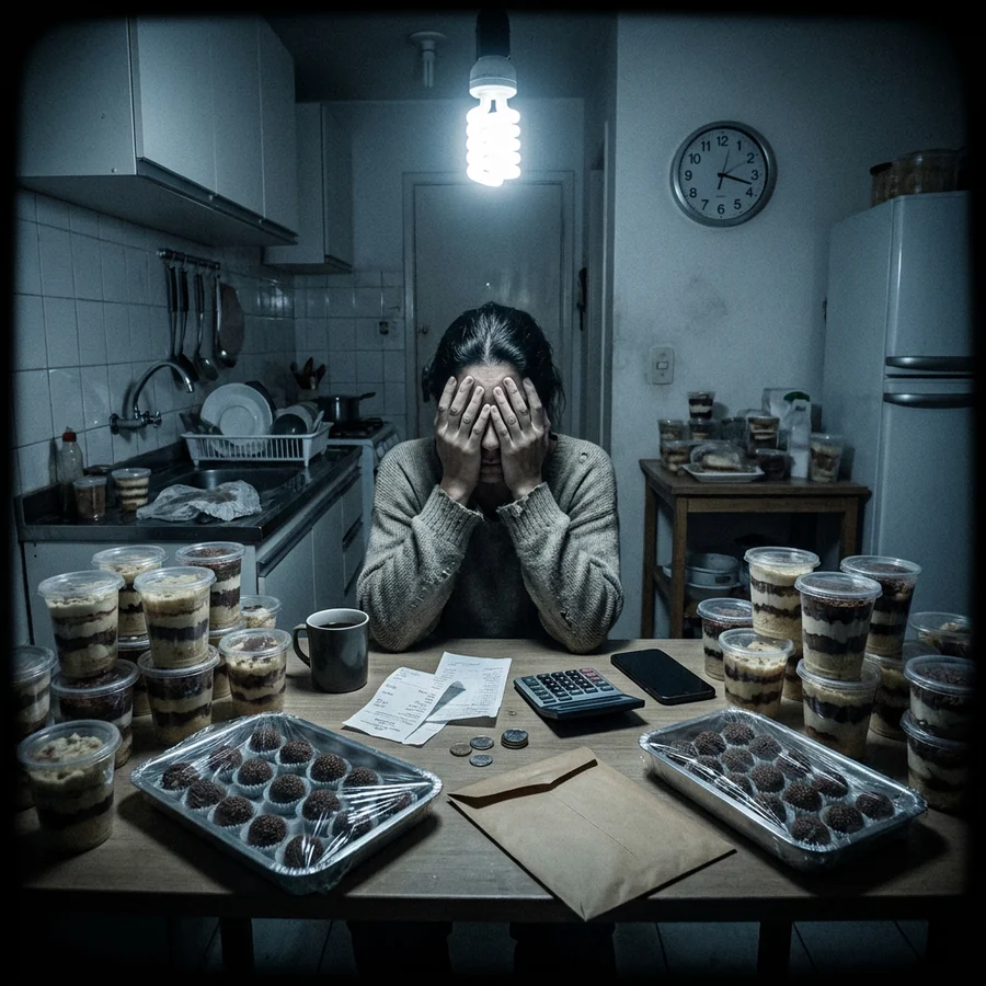 Mulher exausta de madrugada na cozinha, cercada de bolo de pote e brigadeiro que não vendeu