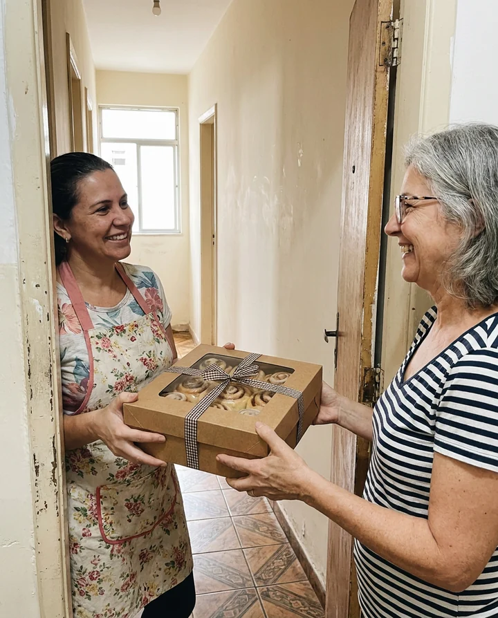 Mulher entregando uma caixa de rolinhos pra vizinha na porta do apartamento