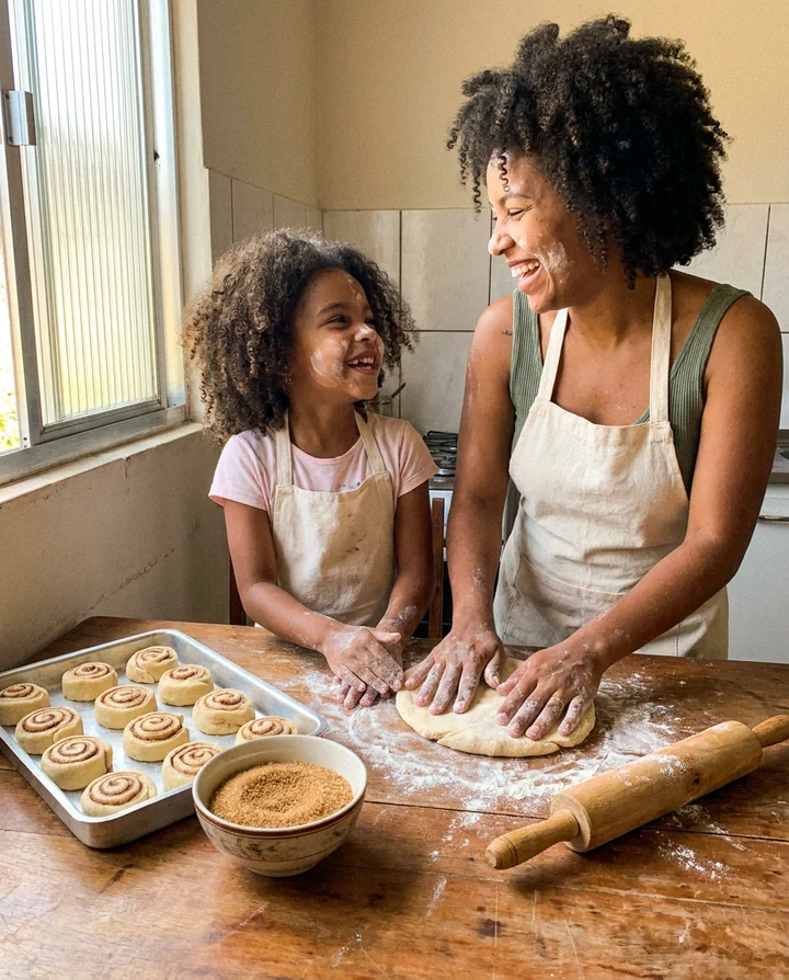 Mãe e filha enrolando a massa dos rolinhos juntas na mesa da cozinha