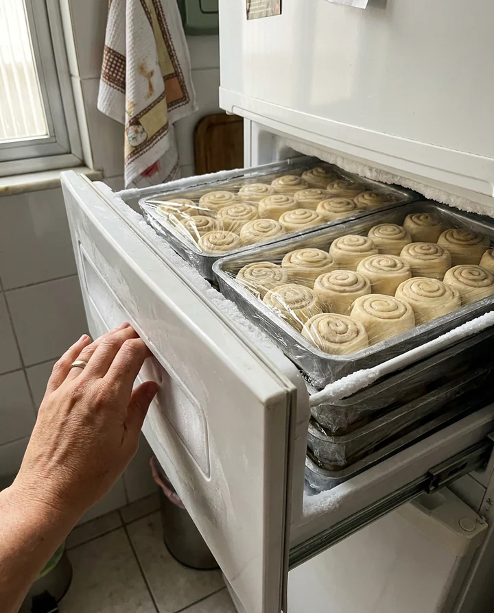 Gaveta do freezer com assadeiras de rolinhos crus embalados