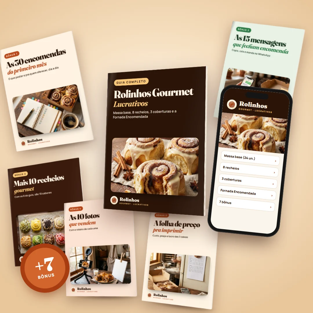 Kit completo Rolinhos Gourmet Lucrativos: guia principal, app e os 7 bônus