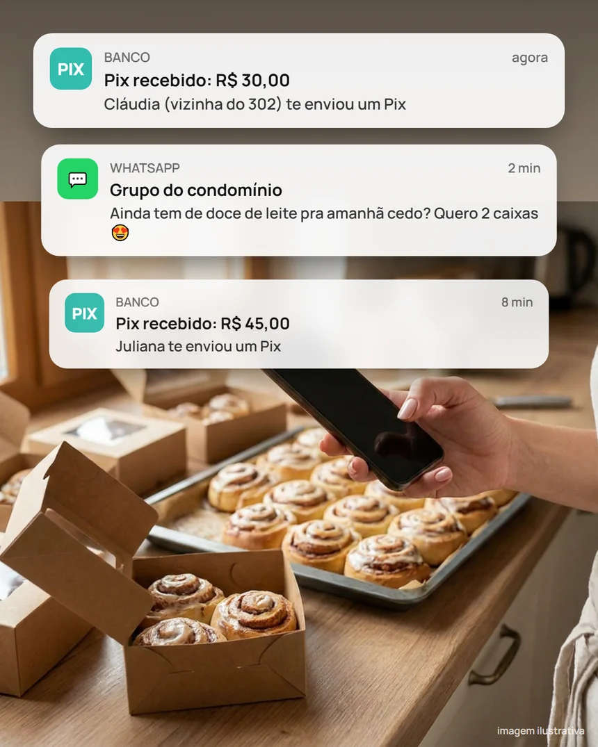 Celular recebendo notificações de Pix e de pedido no grupo do condomínio, com rolinhos na bancada (imagem ilustrativa)